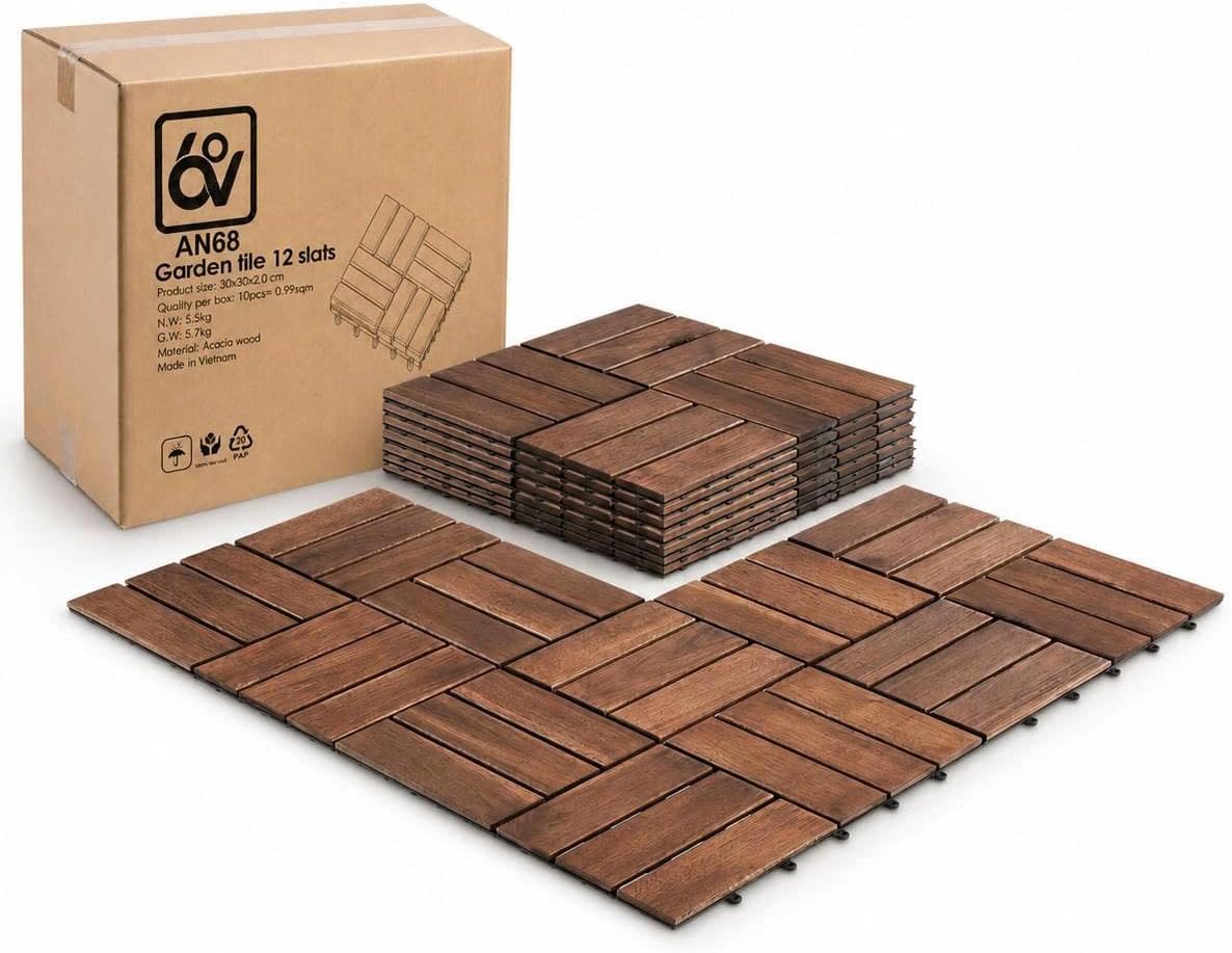 Interlocking Deck Tiles, 10 PCS 12" x 12" Acacia Wood, Dark Brown