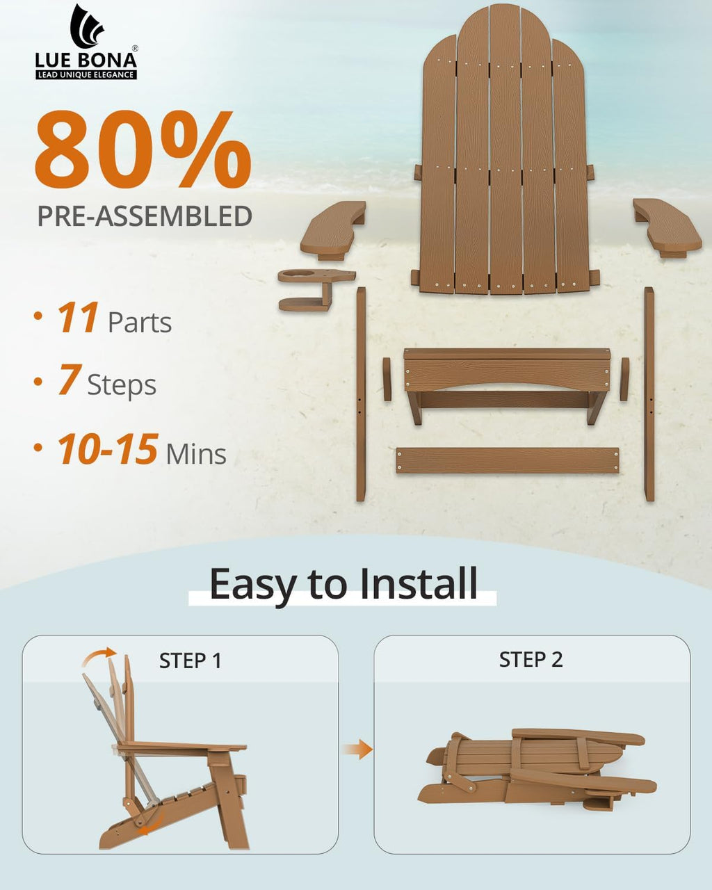 LUE BONA HDPE Folding Adirondack Chair, Cup Holder, Set of 2, Brown