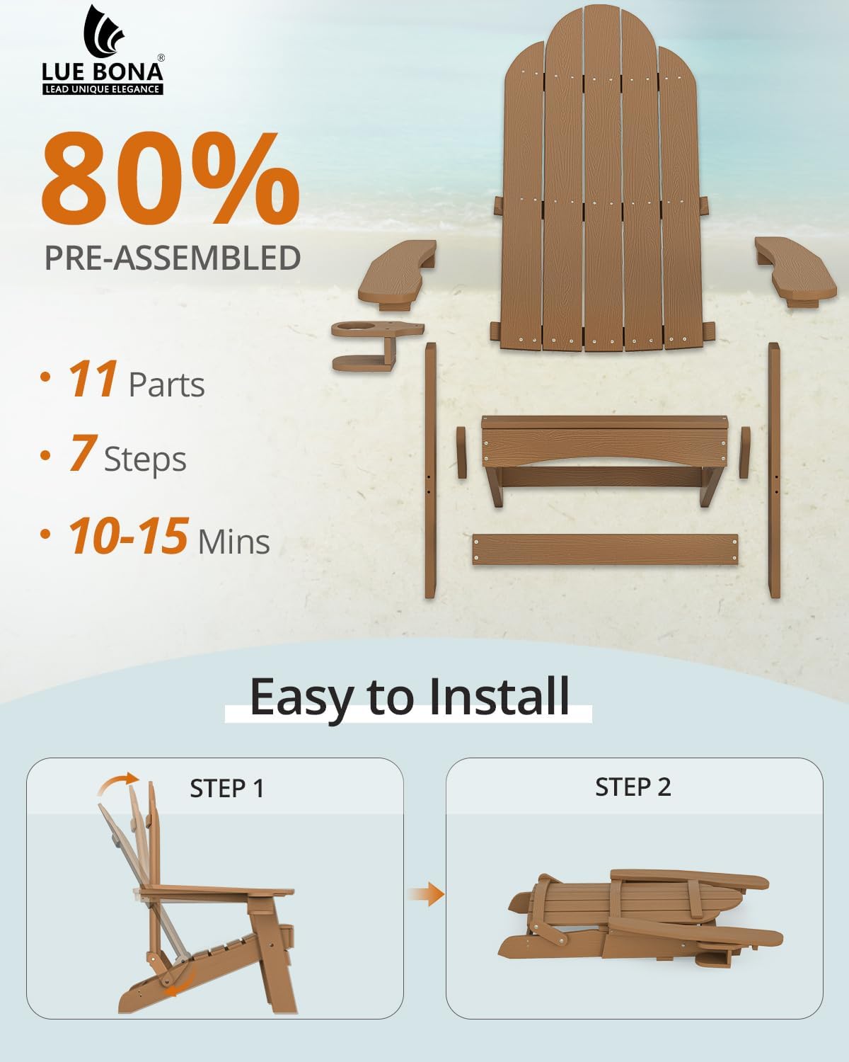 LUE BONA HDPE Folding Adirondack Chair, Cup Holder, Set of 2, Brown