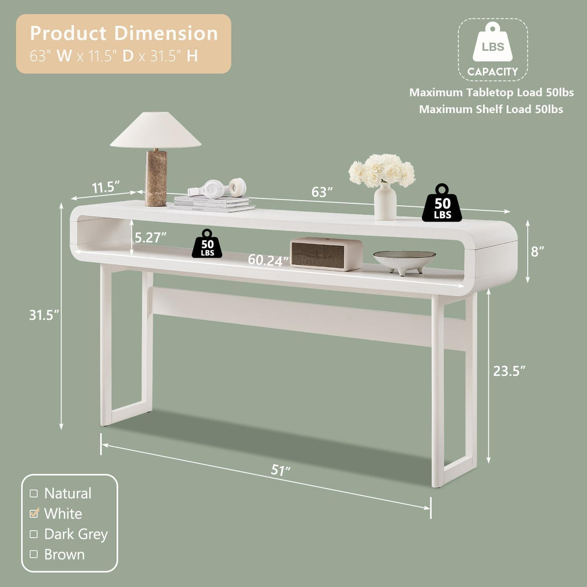 IFGET 63-Inch Long Console Table, Modern Curved Entryway Table, White