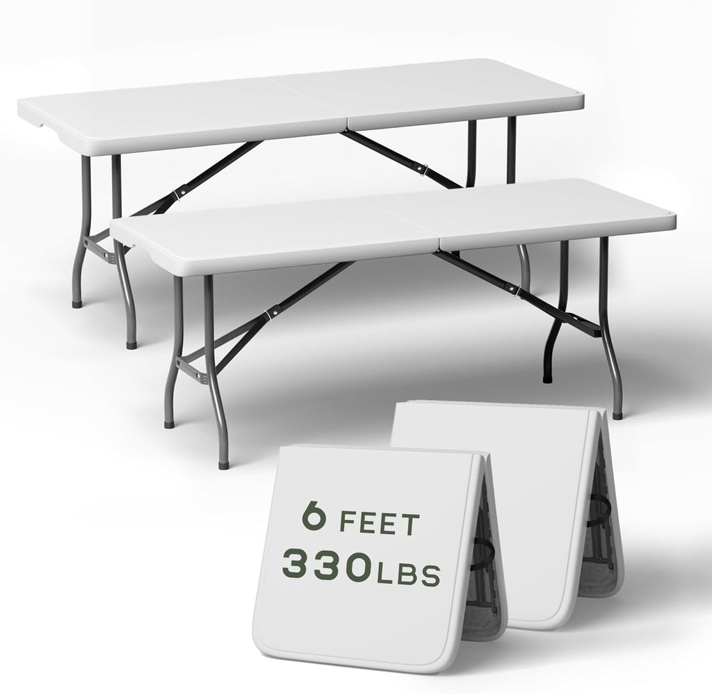 2-Pack 6 Feet Foldable Table, Heavy Duty Steel Legs with Built-in Handle, Easy Fold & Store, Portable Folding Table for Parties, Weddings, Camping