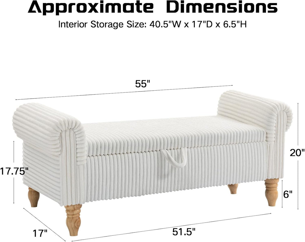 55" Storage Ottoman Bench, Corduroy End of Bed Bench for Bedroom, White