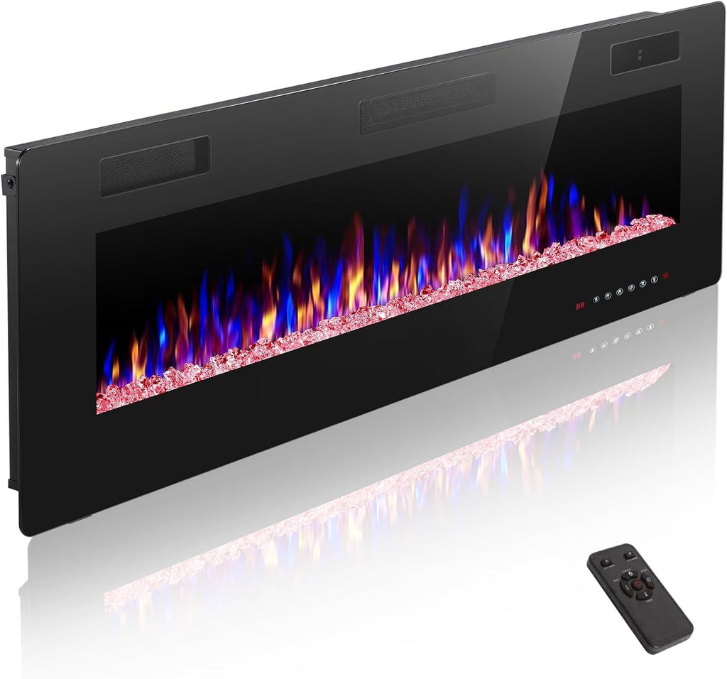 ZAFRO 50" Electric Fireplace with Remote Ultra-Thin & Quiet Wall-Mounted Recessed Heater, Adjustable 12-Color Flame, Brightness & Speed