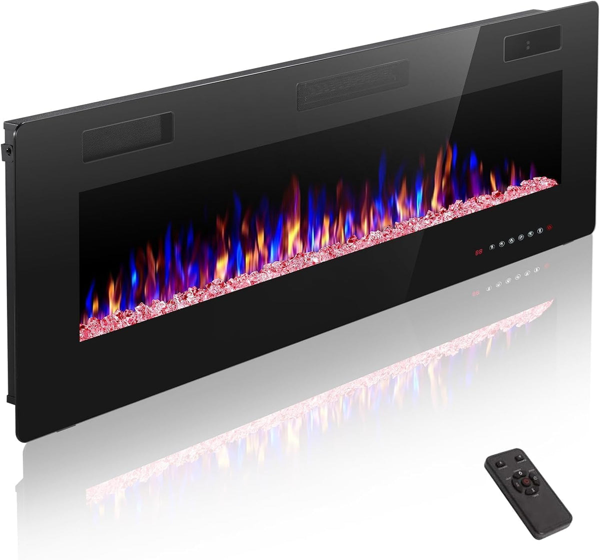 ZAFRO 50" Electric Fireplace with Remote Ultra-Thin & Quiet Wall-Mounted Recessed Heater, Adjustable 12-Color Flame, Brightness & Speed