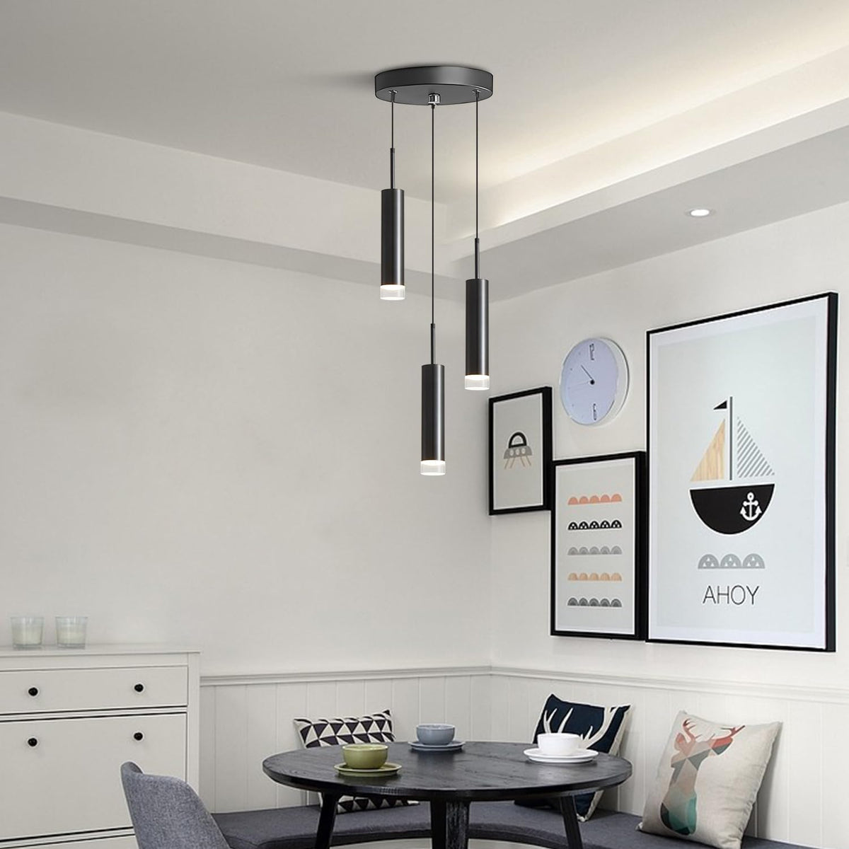 kco modern 3-light cluster chandelier matte black cylinder, front angle view