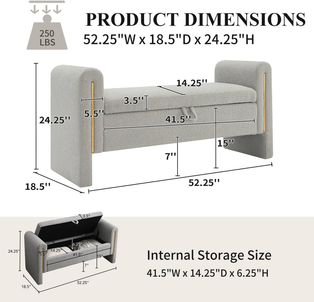 NIOIIKIT 52" Storage Ottoman Bench, Teddy Upholstered Storage Bench with Armrest, Entryway Bench with Pull-Ring, End of Bed Bench with Padded Cushion, Window Bench for Living Room (Grey)