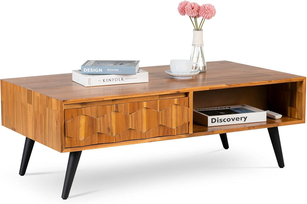 Bme Georgina Solid Wood Coffee Table, 2 Drawers & Open Shelves, Teak Brown