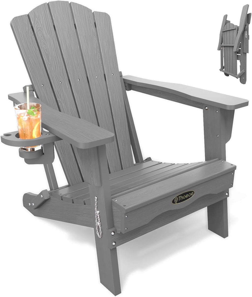 THOEOE Folding Adirondack Chair, All-Weather Fire Pit Chair with Cup Holder