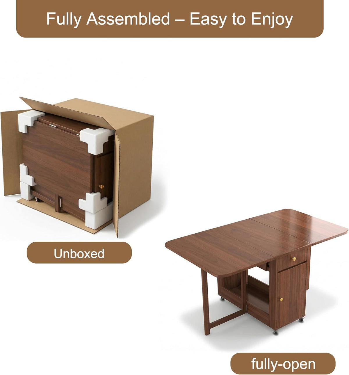 Folding Dining Table and Chairs - 51" Fully Assembled Drop Leaf Table 4-6 Seater with Storage and Lockable Wheels, Space-Saving Set with 4 Chairs for Kitchen or Dining Room (Walnut)