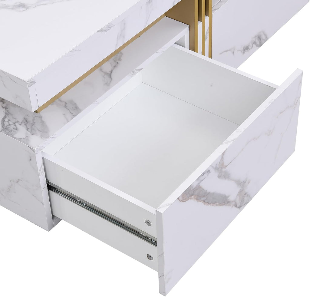 Merax Coffee Table, Modern Square Coffee Table with 4 Drawers, Contemporary Luxury Center Table Cocktail Table with Gold Accents for Living Room, 43.3" Lx 43.3" W (White)
