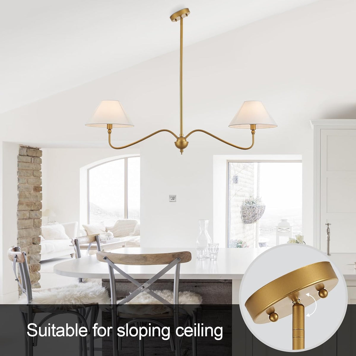 Modern Gold Linear Chandelier for Kitchen Island, 2-Light Linear Light Fixture with Off-White Fabric Shade, Rustic Pendant Light for Dining Room