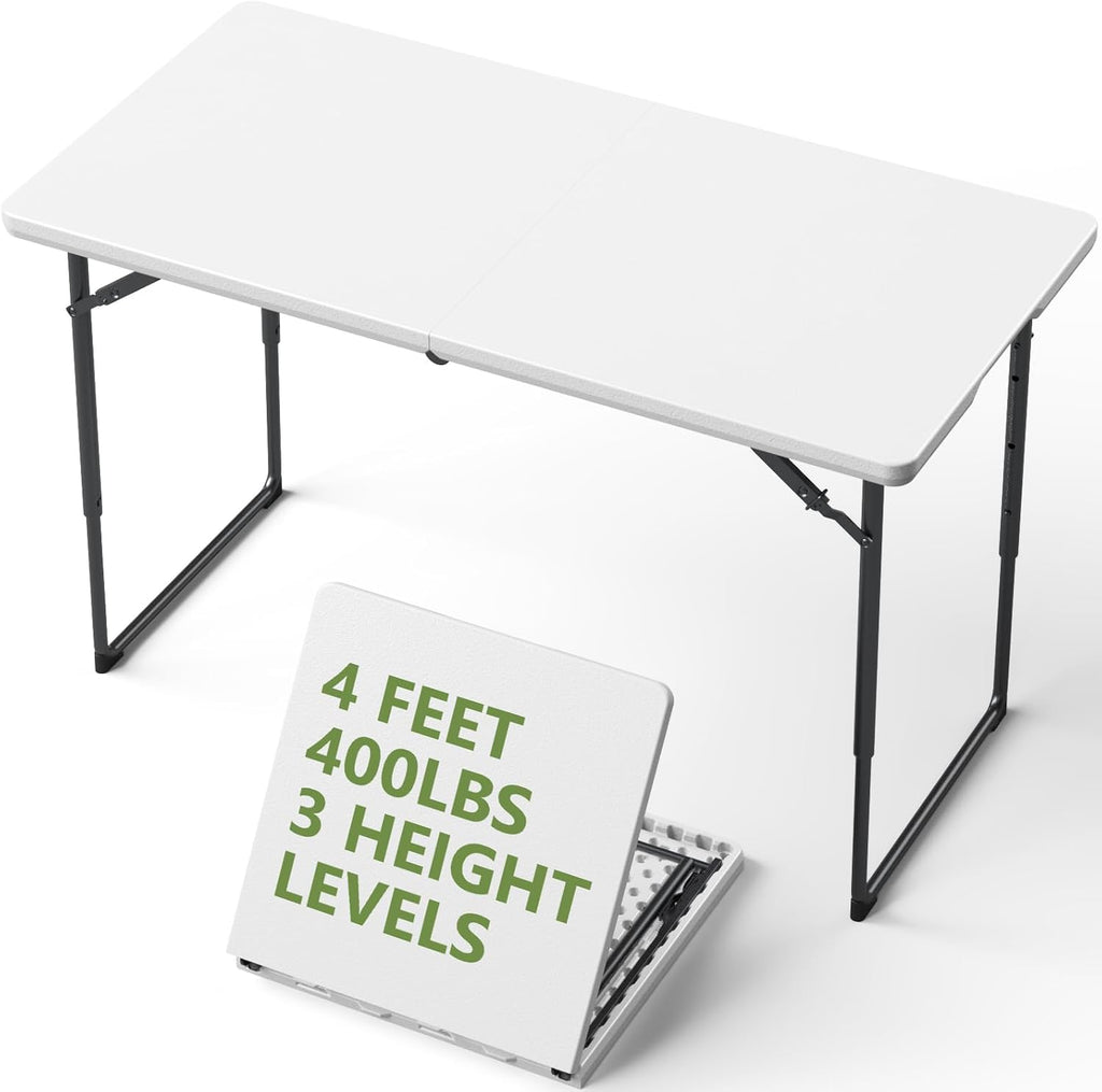 Folding Table, 4 FT Foldable Plastic Table with Adjustable Height, Heavy Duty Fold in Half Utility Table, Portable Picnic Table for Camping, Parties, RV Travel, Banquet