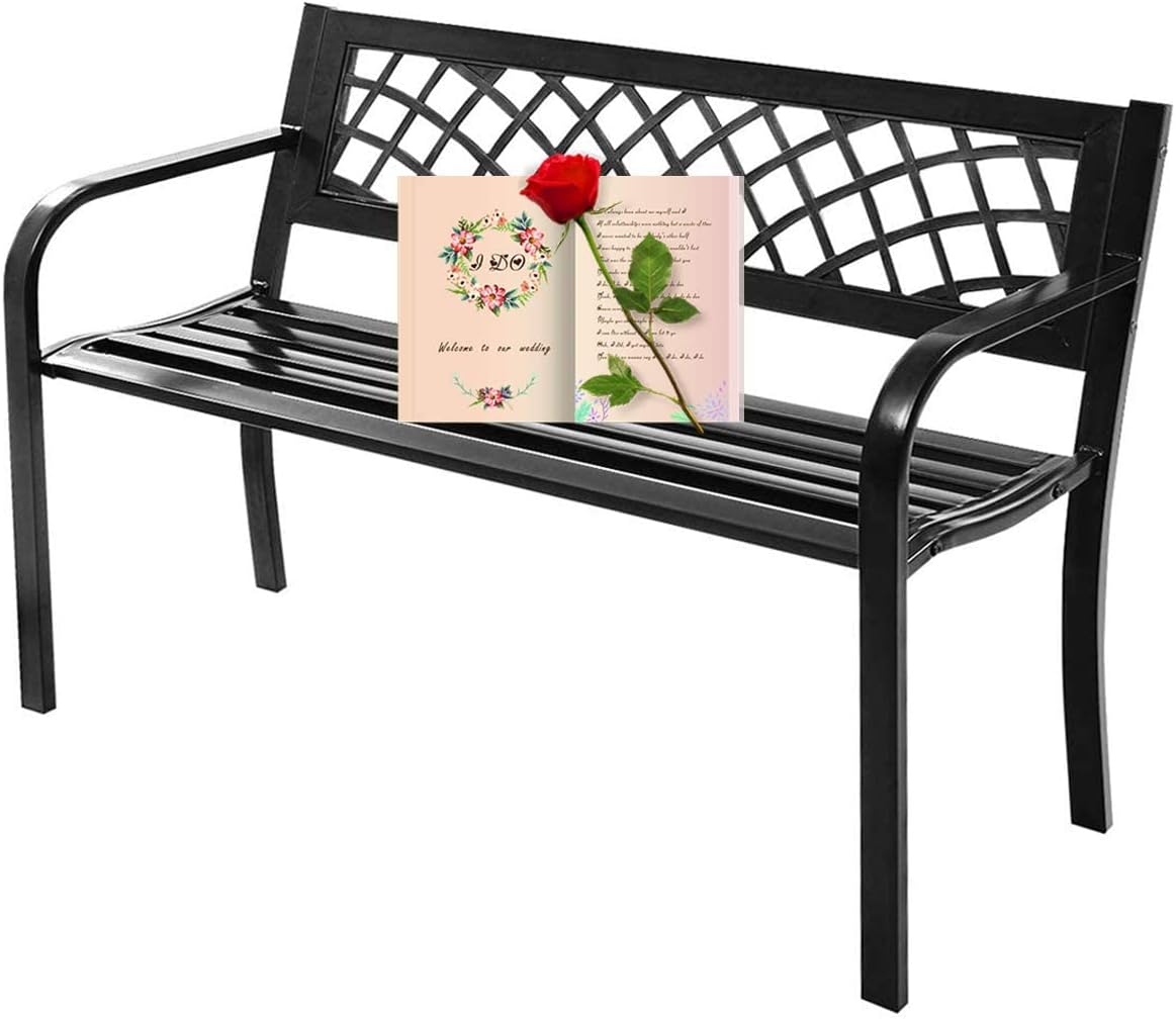 Patio Bench, Outdoor Metal Garden Bench with Armrest, Black