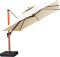 PURPLE LEAF Cantilever Umbrella 10ft Double Top Wood-Grain Finish, Cream