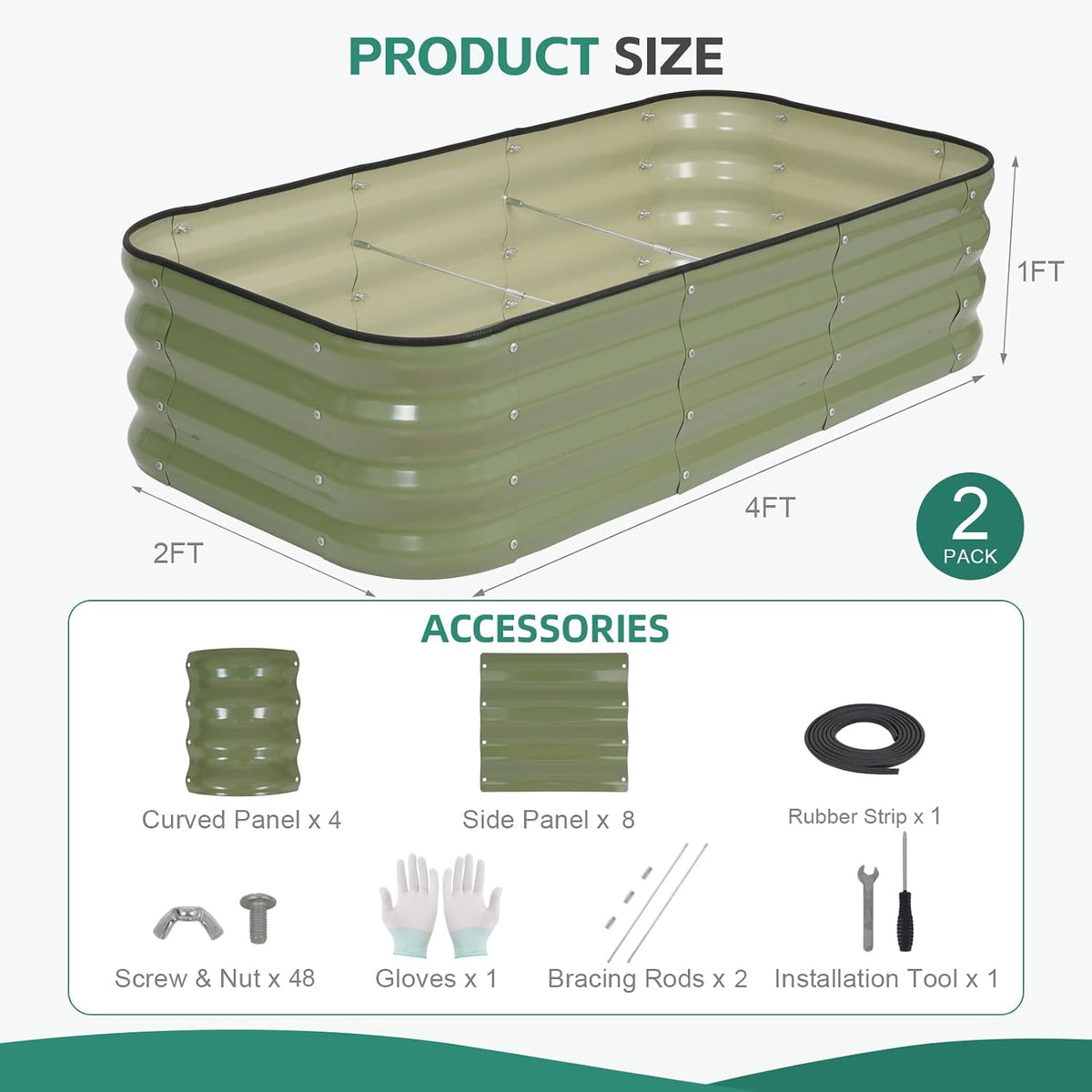 3 in 1 Galvanized Raised Garden Bed, 4x2x1ft, 2Pack, Green