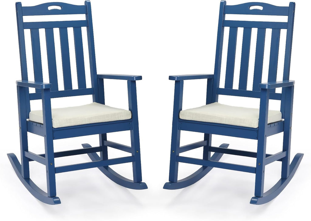 VINGLI Outdoor Rocking Chair Set of 2 Wood Rocking Chair with Cushion Blue