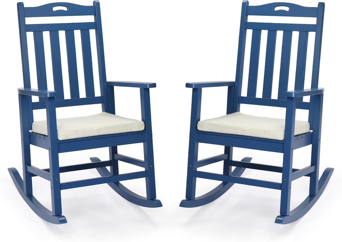 VINGLI Outdoor Rocking Chair Set of 2 Wood Rocking Chair with Cushion Blue