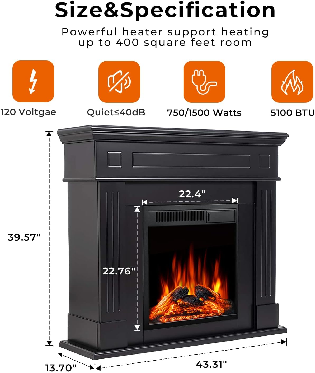 43” Electric Fireplace Mantel Freestanding Electric Fireplace, Remote Control, Adjustable Led Flame, 750W/1500W Black