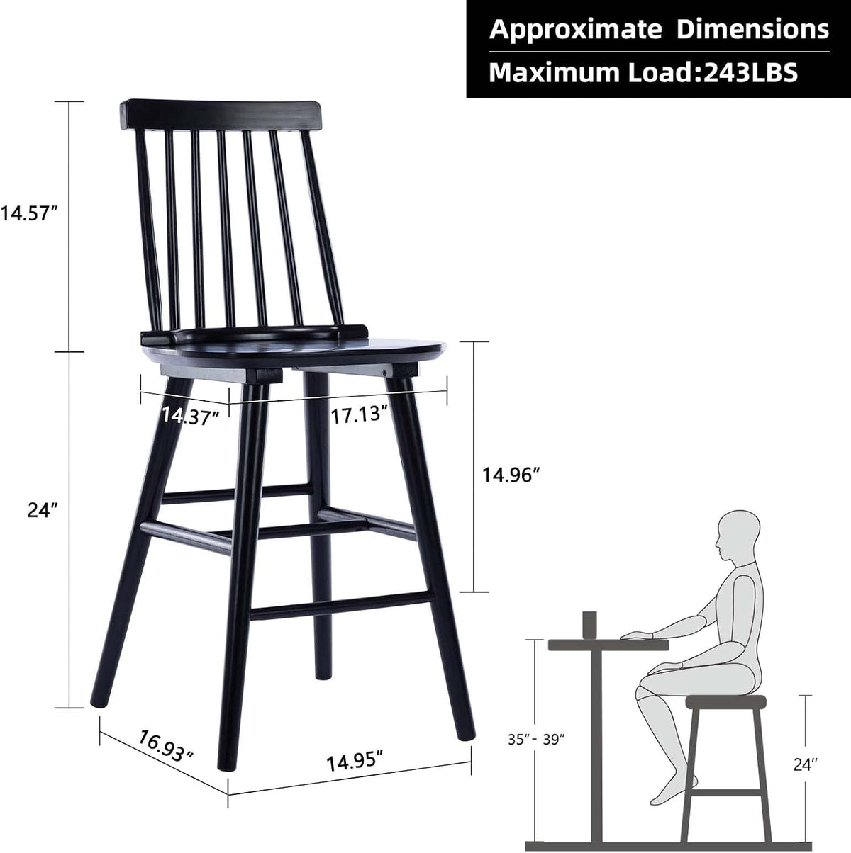 DUHOME Wood Bar Stools Set of 2, Farmhouse Counter Stools 24’’ Barstool with Spindle Back Counter Height Stool Chairs for Kitchen Islands, Black