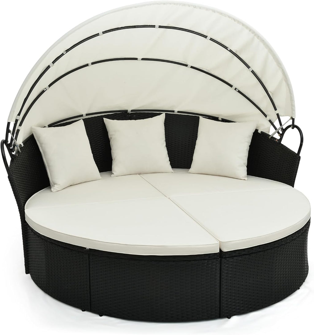 LIFEZEAL Rattan Sun Island with Sun Canopy, Garden Lounger Sun Lounger with Cushion, 5-Piece Lounge Set with Foldable Rain Cover, Garden Lounge Patio Furniture up to 360 kg (White, 168 x 180 x 157 cm)