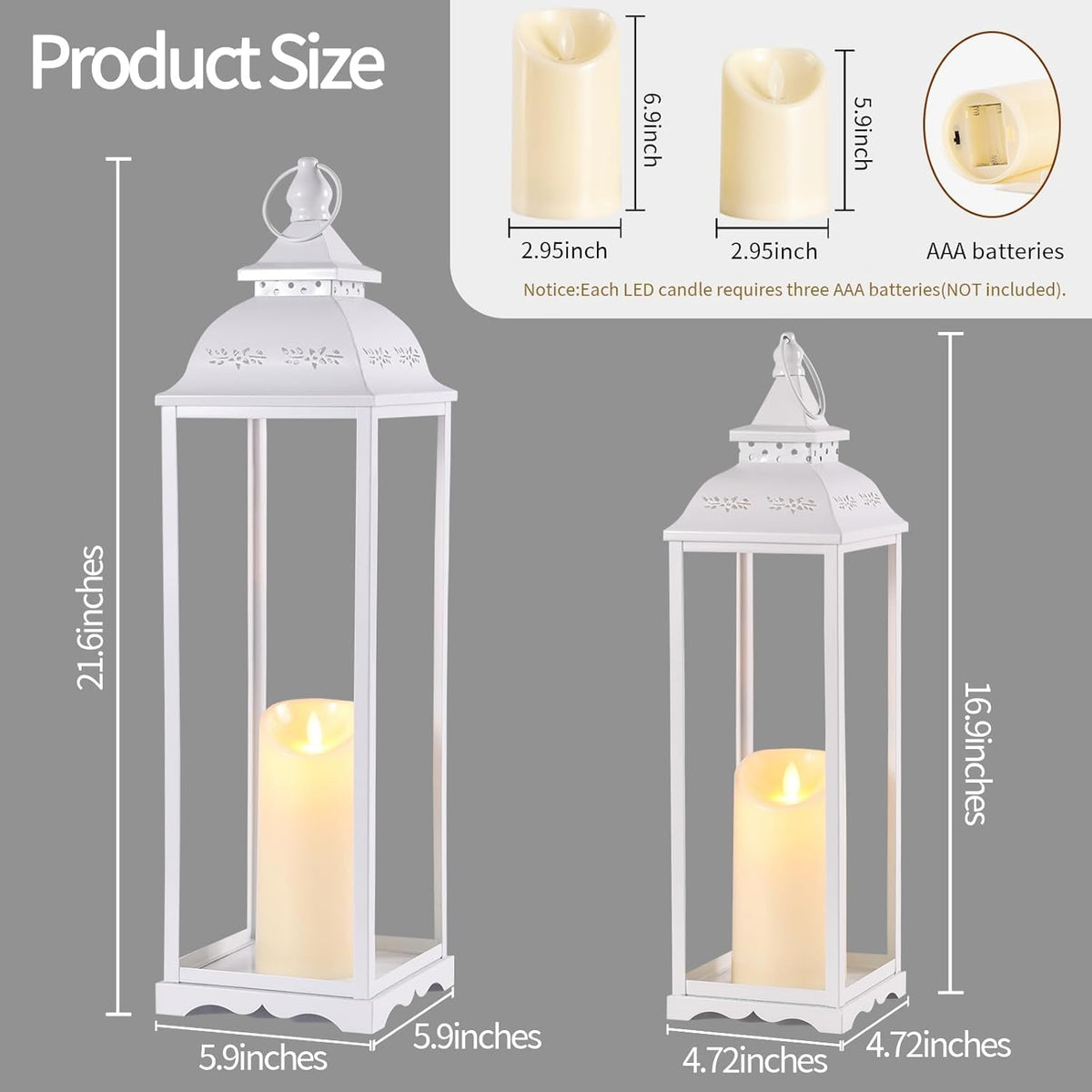 Decorative Candle Lanterns, Large 2Pcs, White Metal for Indoor & Outdoor