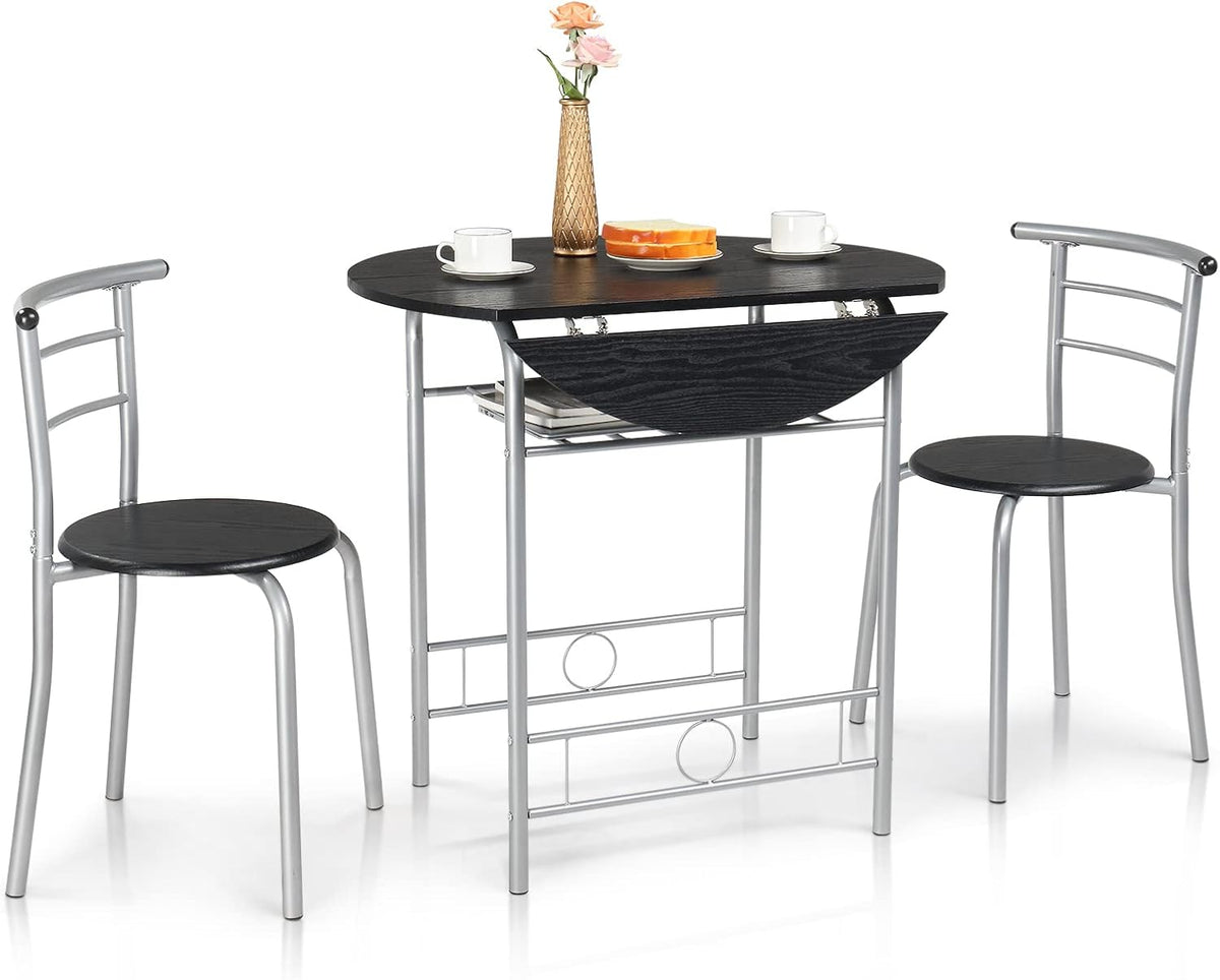 VINGLI 31.5" Drop Leaf Dining Table Set for 2, 3 Pieces Dining Table with Chair for Small Space, Small Kitchen Extendable Folding Dining Table for Dining Room，Home, Apartment, Saving Places, Black