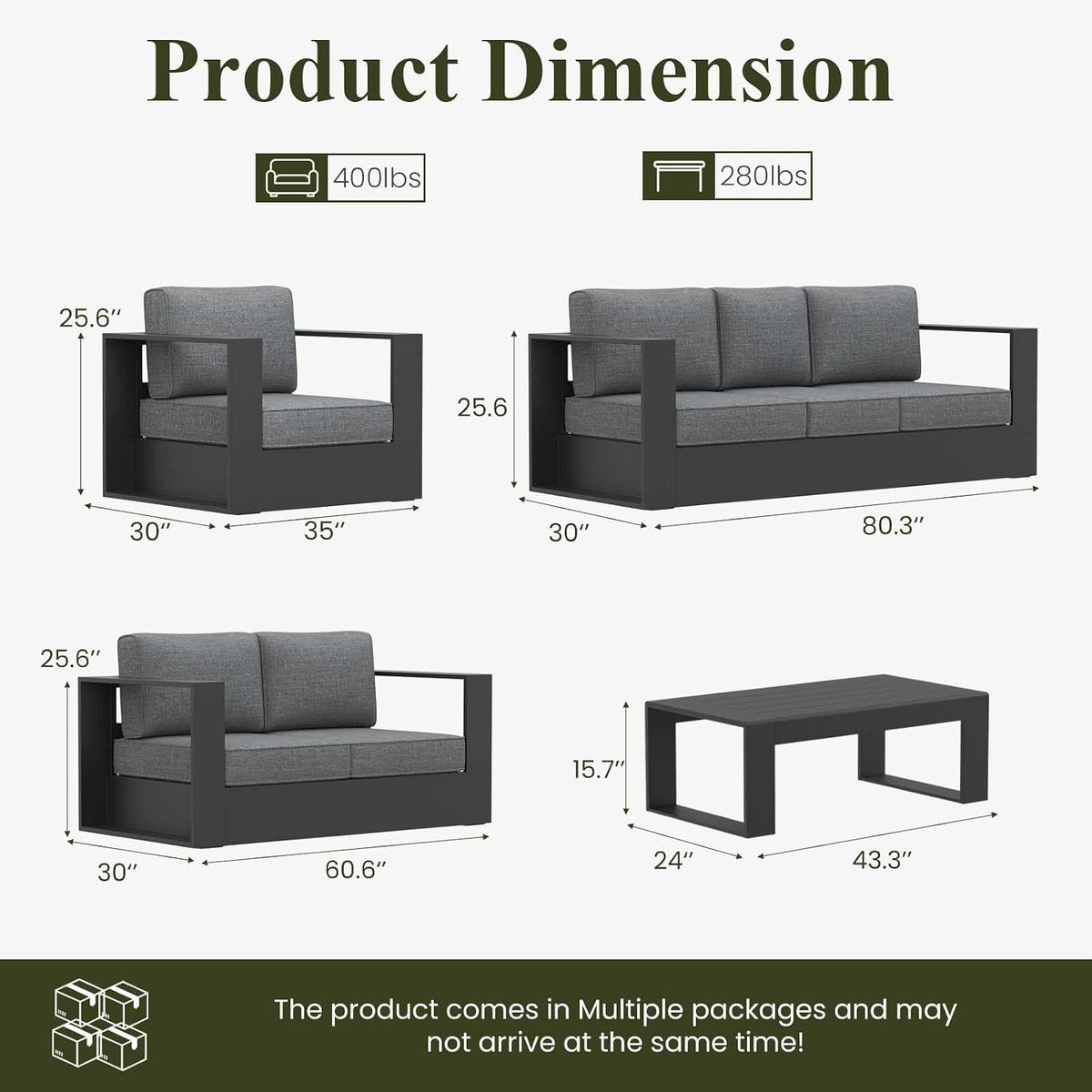 LayinSun 5 Piece Oversized Aluminum Outdoor Furniture Set with Coffee Table
