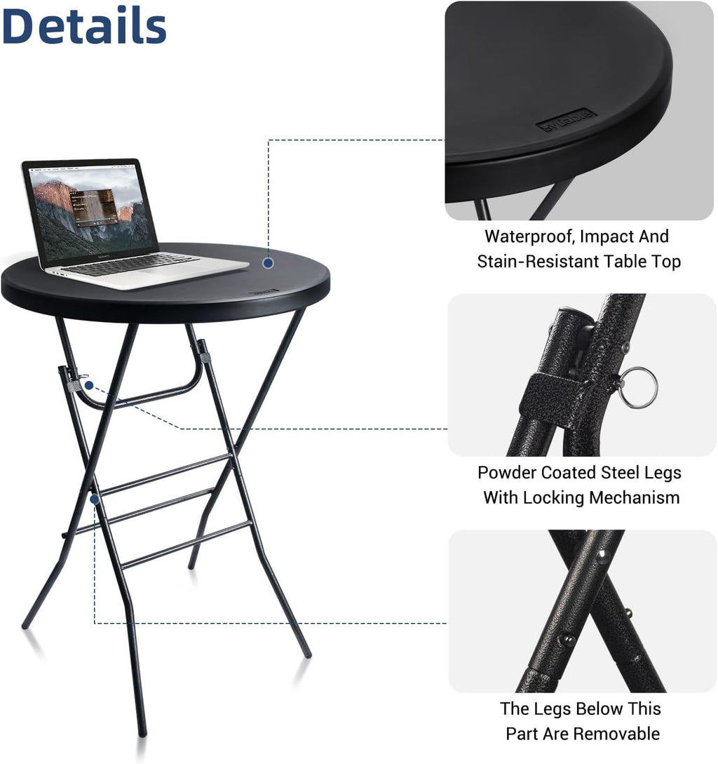 Byliable 28in Folding Cocktail Table, Round Bar Height Table, Black 2-Pack