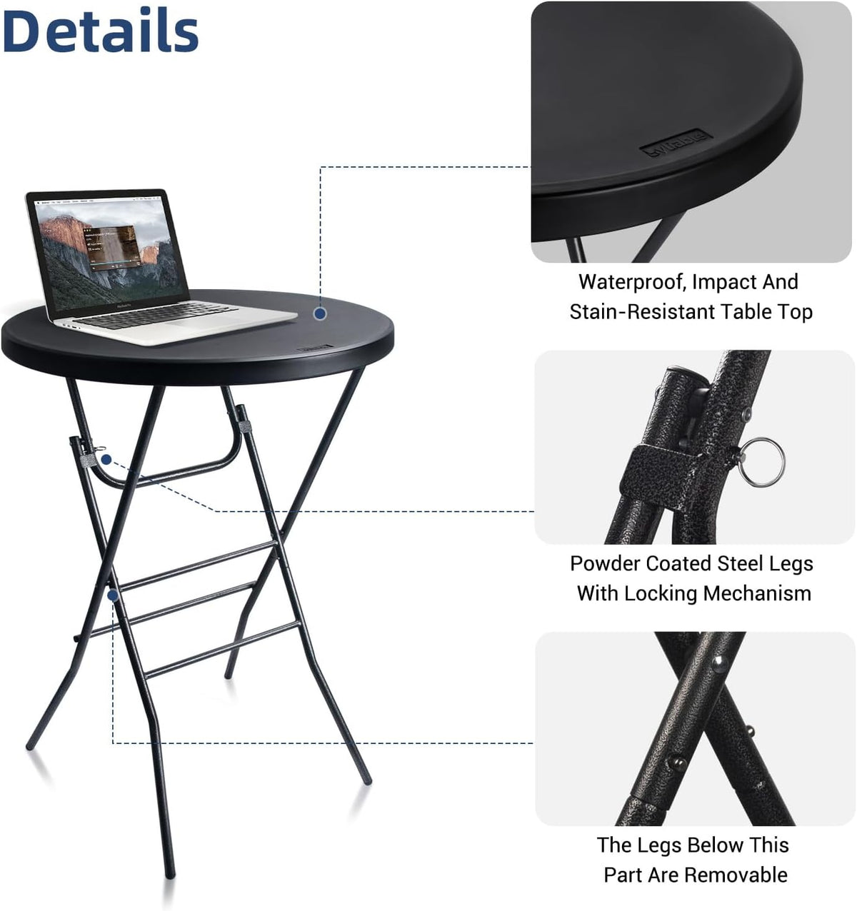 Byliable 28in Folding Cocktail Table, Round Bar Height Table, Black 2-Pack
