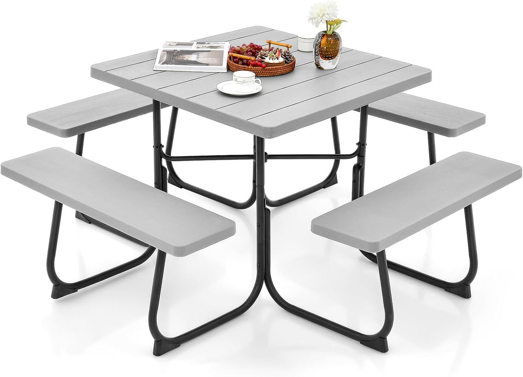 Giantex Picnic Table Bench Set for 8 Persons, Square Outdoor Table with Umbrella Hole, HDPE Top & Metal Frame, 2000LBS Capacity, Patio Table Bench Set for Deck Backyard Garden, Gray