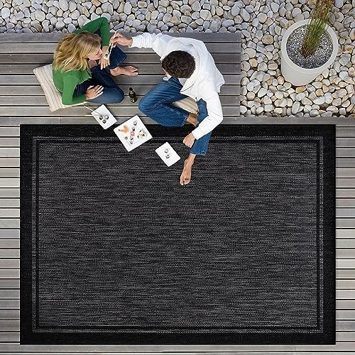 CAMILSON Indoor Outdoor Rug, 8x10 Bordered Dark Gray Black Modern Area Rugs for Indoor and Outdoor Patios, Kitchen and Hallway Mats, Washable Porch Deck Outside Carpet (Bordered Black, 8 x 10)
