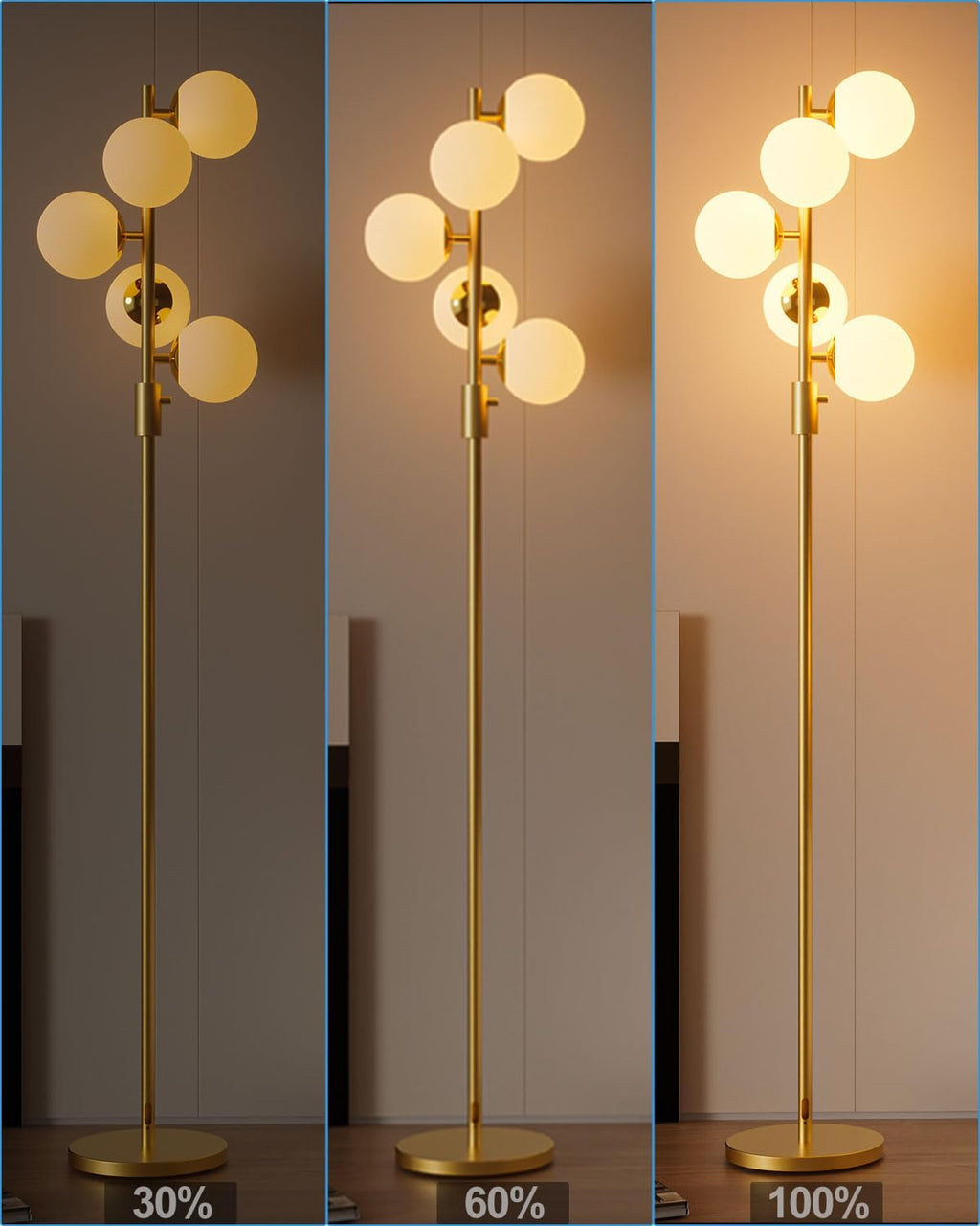 Dimmable Gold Globe Floor Lamp, 64IN Tall Standing Lamps with 5 Globe Warm White 3000K Bulbs, Mid Century Modern Floor Lamp with 5Lbs Heavy Base for Living Room Bedroom Sofa Beside Home Decor