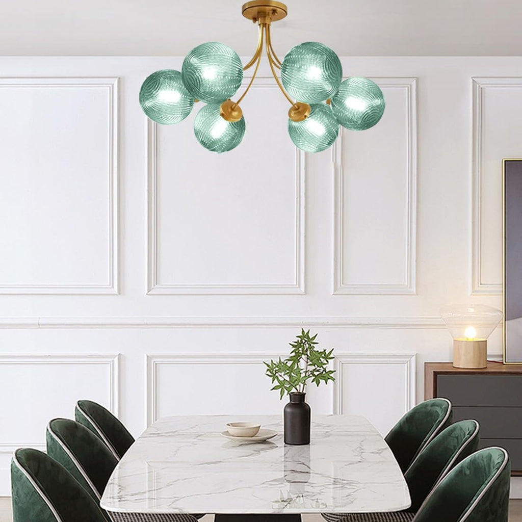 mid century sputnik chandelier 6-light green ceiling light shown in use