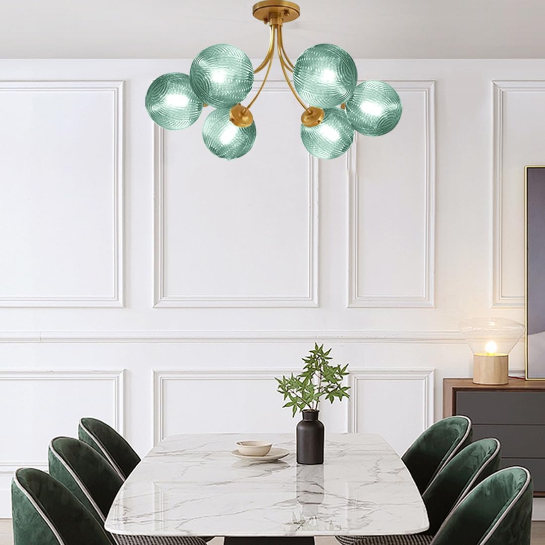 mid century sputnik chandelier 6-light green ceiling light shown in use
