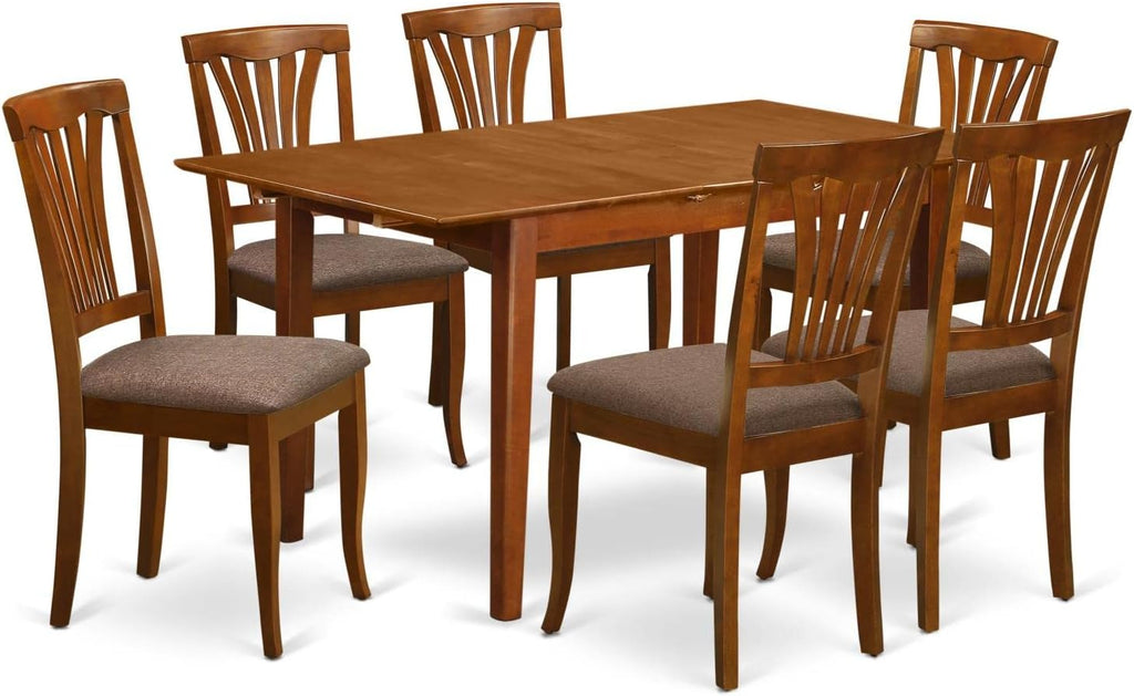 East West Furniture PSAV7-SBR-C 7 Piece Modern Dining Table Set Consist of a Rectangle Wooden Table with Butterfly Leaf and 6 Linen Fabric Upholstered Chairs, 32x60 Inch, Saddle Brown