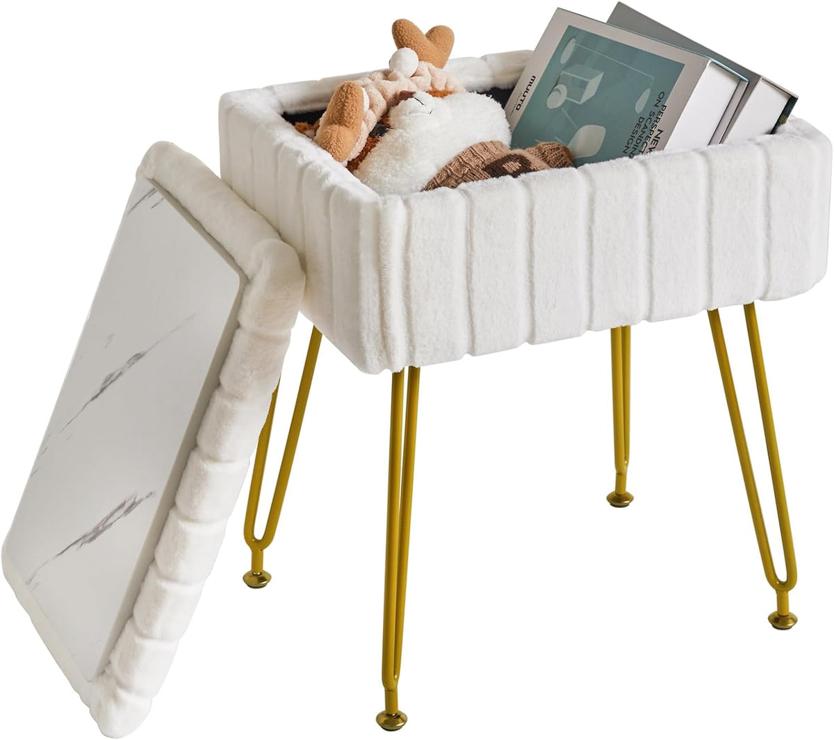 IBUYKE Vanity Chair with Storage, Faux Fur Footrest Ottoman, White LG-50W