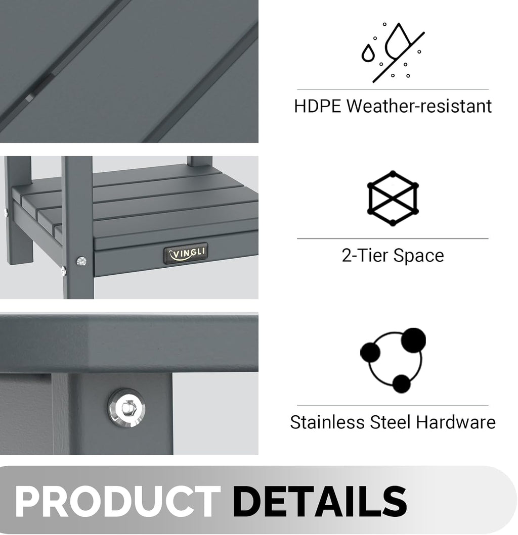 VINGLI Outdoor Side Table, 2-Tier HDPE Adirondack Side Table with Storage, Weather-Resistant Patio End Table for Backyard, Pool, Deck, Indoor Use (Grey)