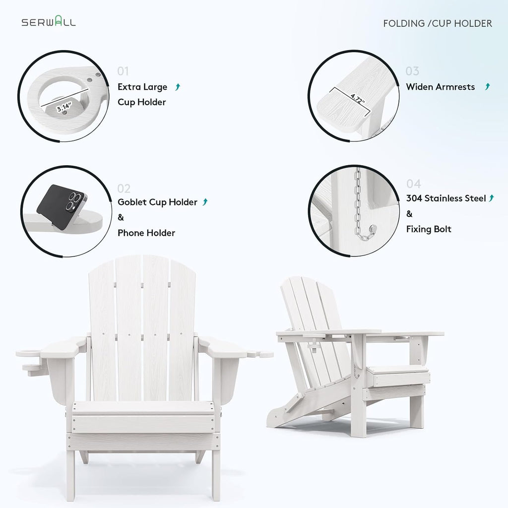 SERWALL Outdoor Adirondack Chairs with 2 Cup Holders,Foldable,White