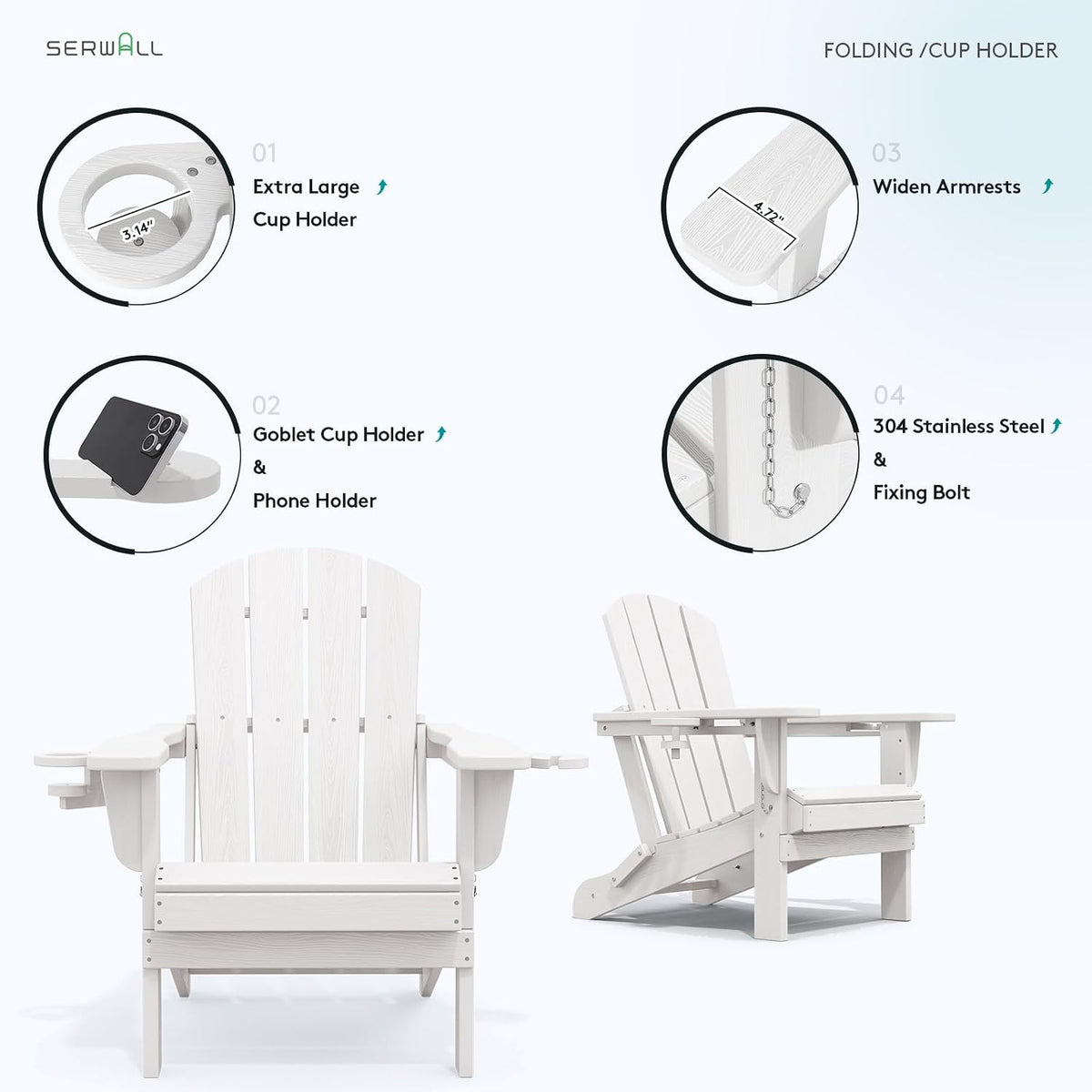 SERWALL Outdoor Adirondack Chair Set of 6 with Cup Holders,Foldable,White