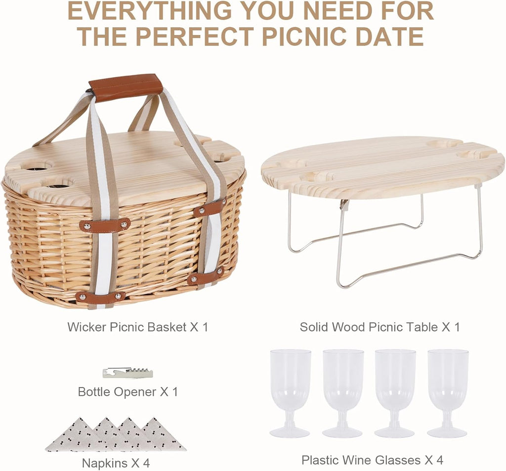 Picnic Basket Set for 4 - Wicker Insulated Picnic Basket