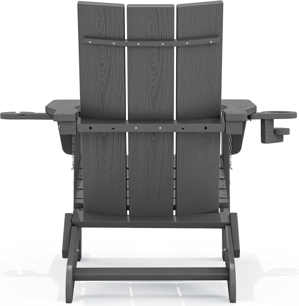 SERWALL HDPE Modern Folding Adirondack Chair with Dual Cup Holder, Gray