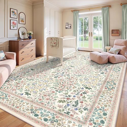 8x10 Area Rugs, Machine Washable Low Pile Floral Rugs for Living Room, Bedroom, Large Boho Area Rug with Non-Slip Backing for Dining Room(Pink Floral)