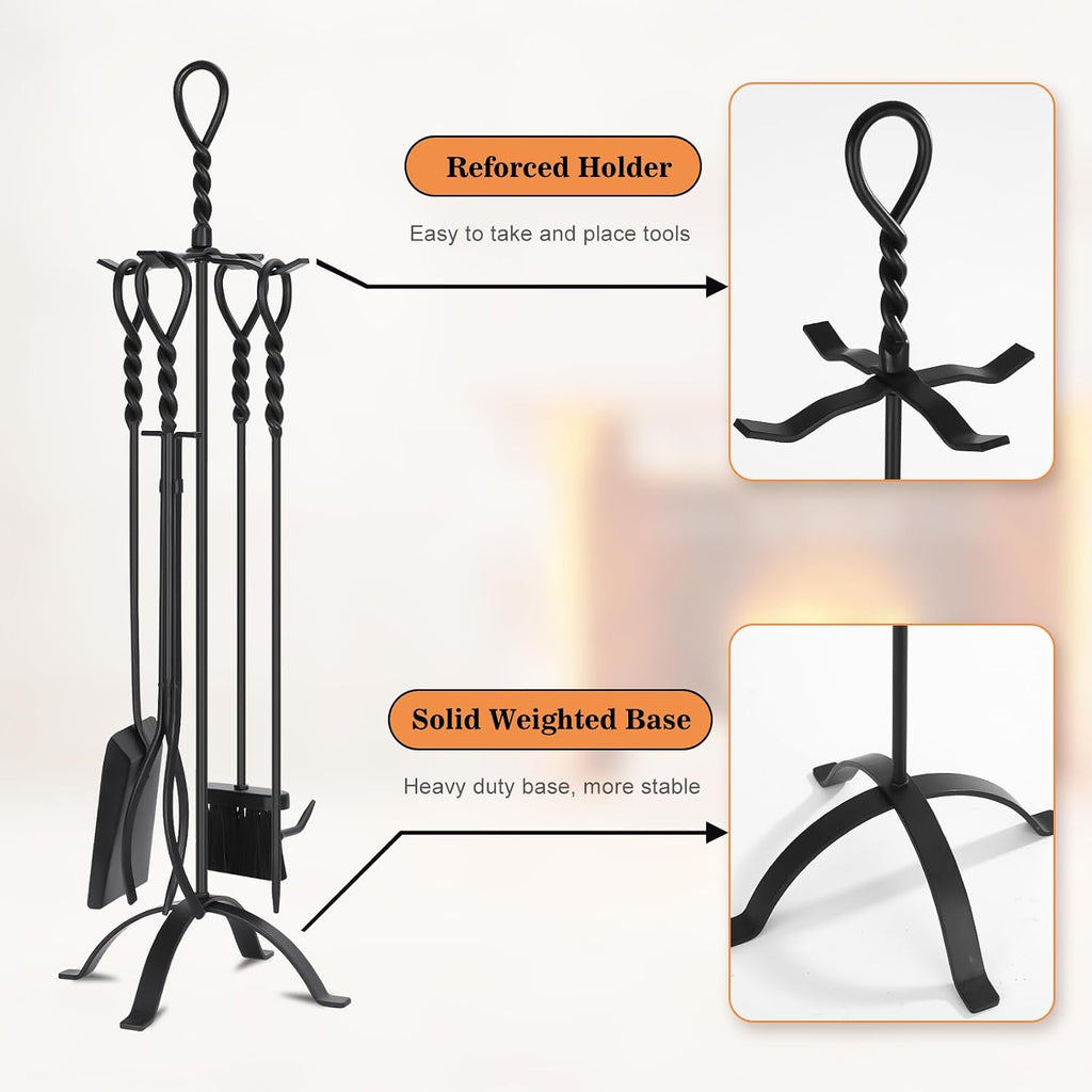 Gtongoko 35”Tall Fireplace Tools Set with Stand 5-Piece Solid Wrought Iron