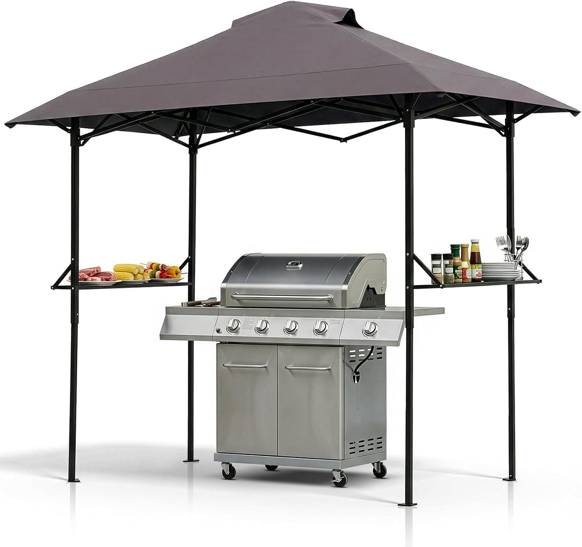 VINGLI 8x5 Pop Up Grill Gazebo BBQ Gazebo with 2 Side Shelves, Outdoor Grill Canopy BBQ Canopy Adjustable Height, Grilling Pergola for Patio Garden (Gray)