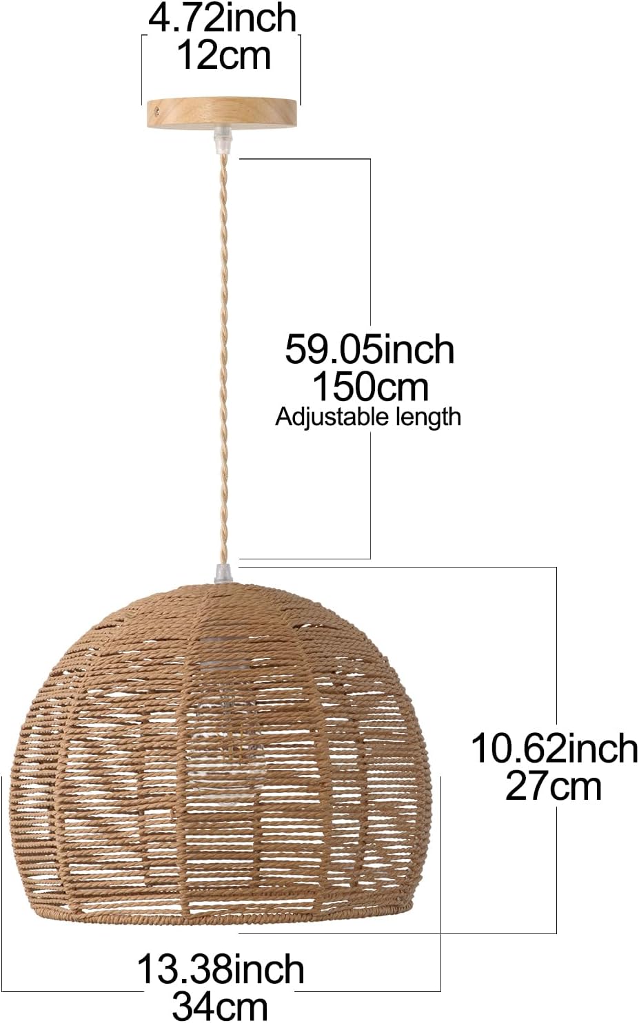 13.38'' woven rattan pendant light, boho chandelier light, side view