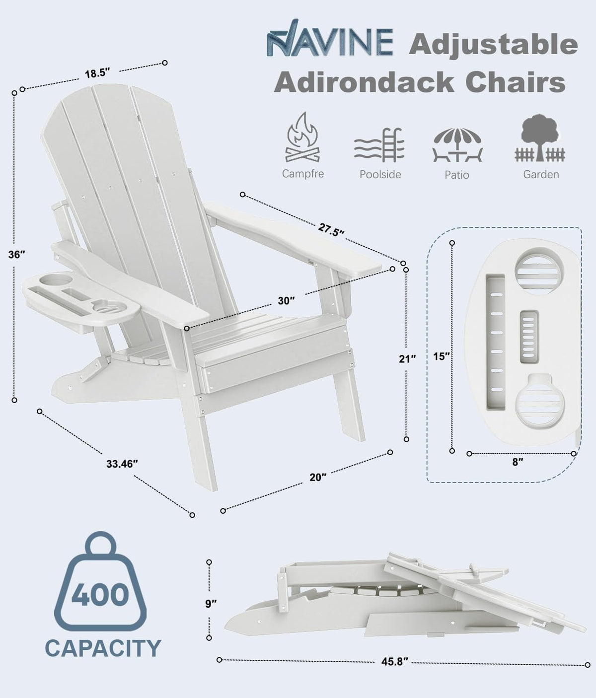 NAVINE Adjustable Adirondack Chairs Set of 4 with Cup Holders, White