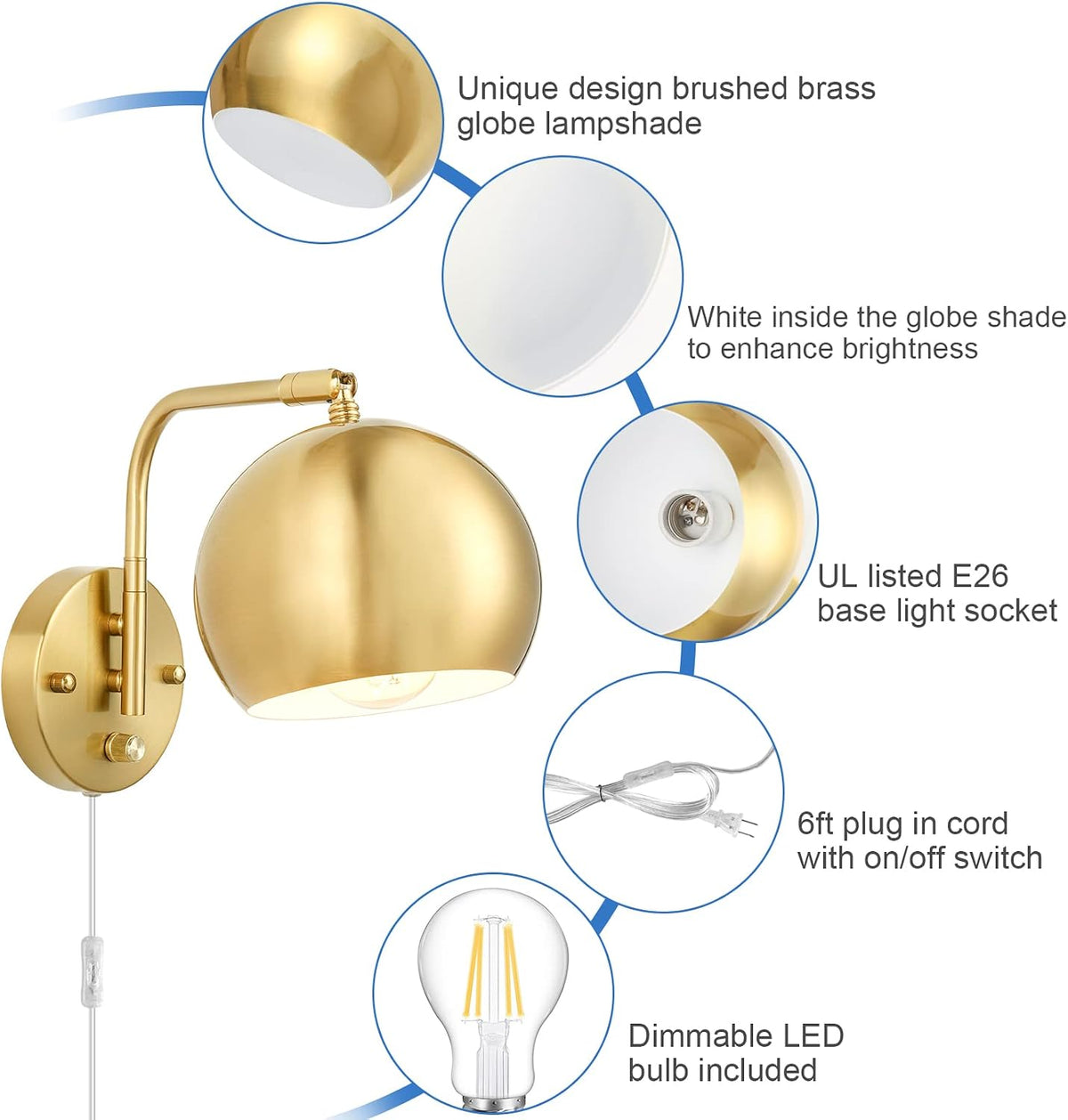 VATONI Wall Sconces Plug in, Dimmable Wall Sconce Swing Arm Wall Lights with Plug in Cord and Dimmer On/Off Knob Switch, Brushed Brass Globe Wall Light for Bedroom Bedside Hallway(2 Bulbs Included)