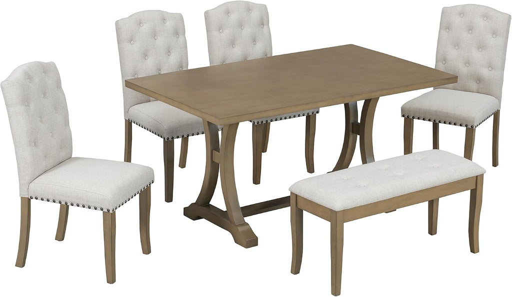 Harper & Bright Designs Classic and Traditional Style 6 - Piece Dining Set, Includes Dining Table, 4 Upholstered Chairs & Bench (White+Gray) (White+Gray) (Natural Wood Wash1)