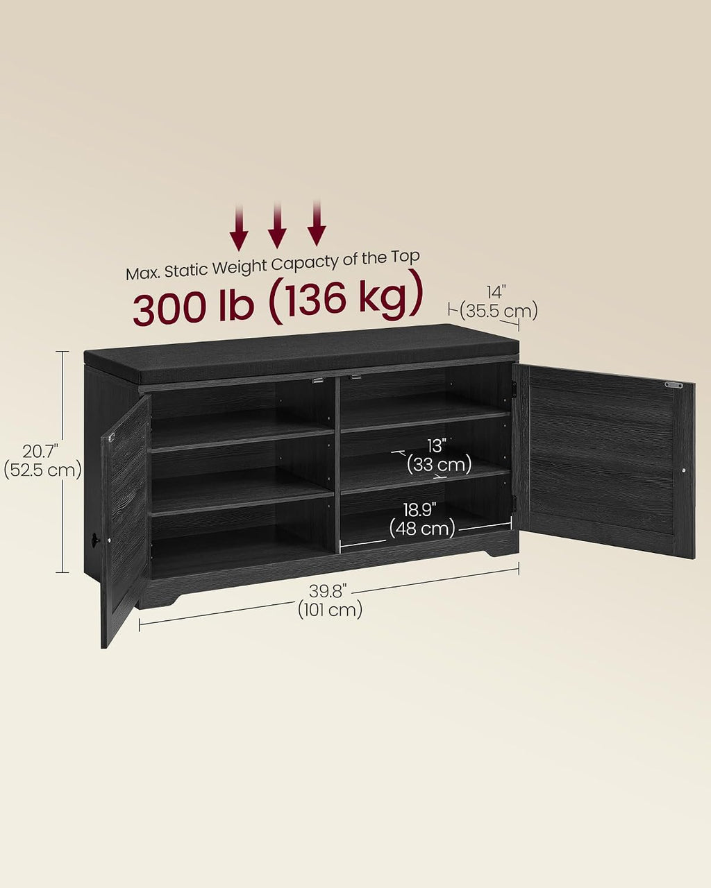 vasagle 3-tier shoe storage bench with cushion, 14, close-up detail