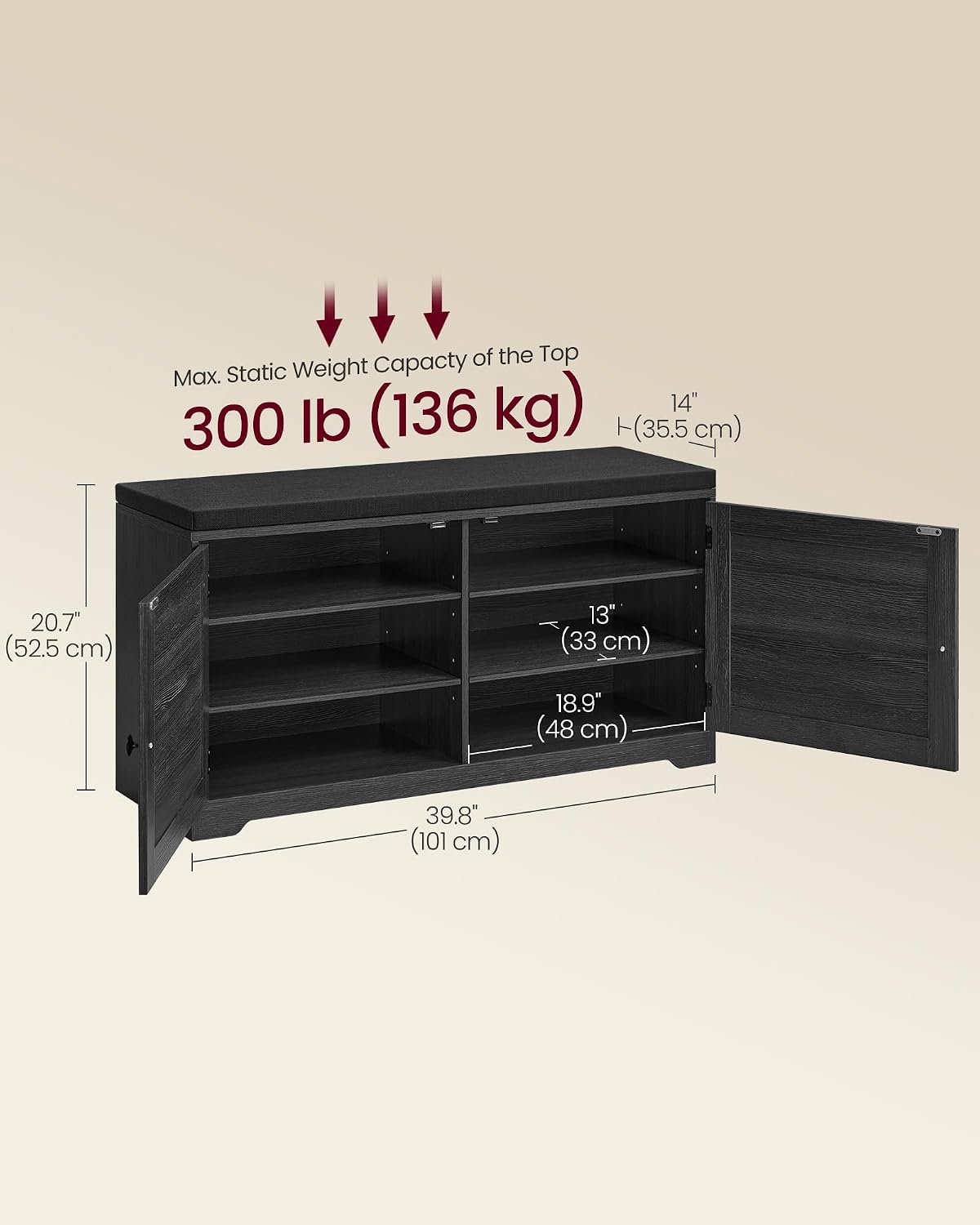 vasagle 3-tier shoe storage bench with cushion, 14, close-up detail